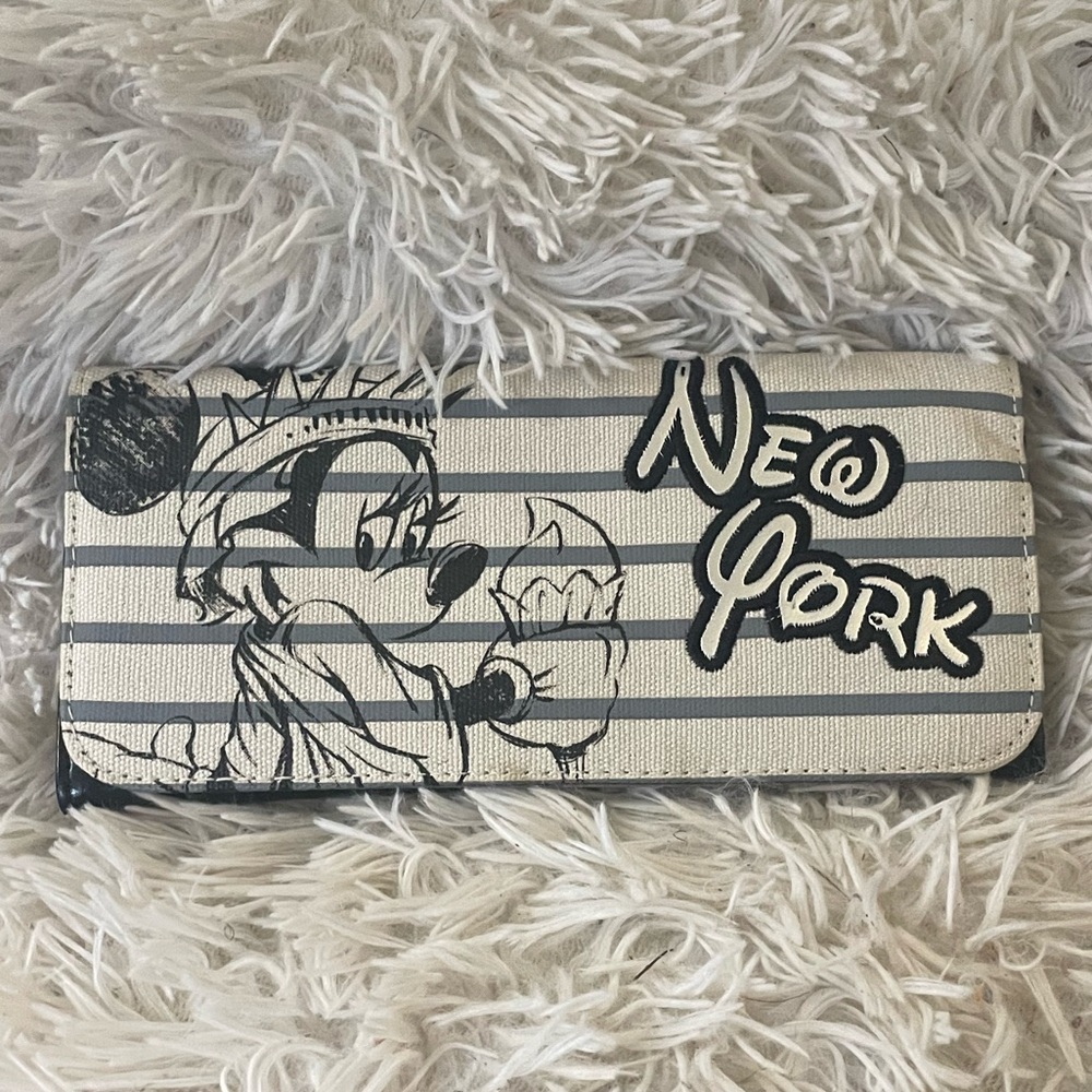 Beige and Black 'New York' Striped Wallet with Cartoon Graphic